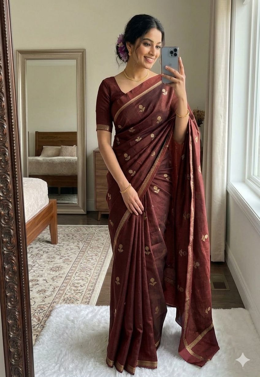 Brown Pure soft Viscose Khadi silk fabric saree