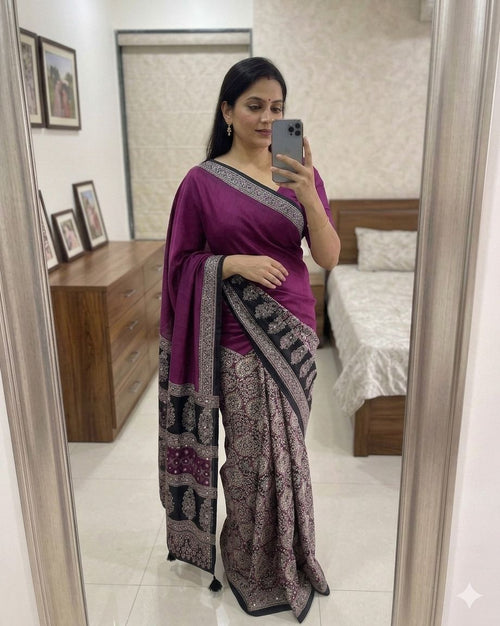 Rani Heavy Gajji Moss Satin Saree all over Ajrakh