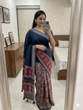 Petrol Blue Heavy Gajji Moss Satin Saree all over Ajrakh