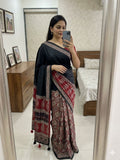 Black Heavy Gajji Moss Satin Saree all over Ajrakh