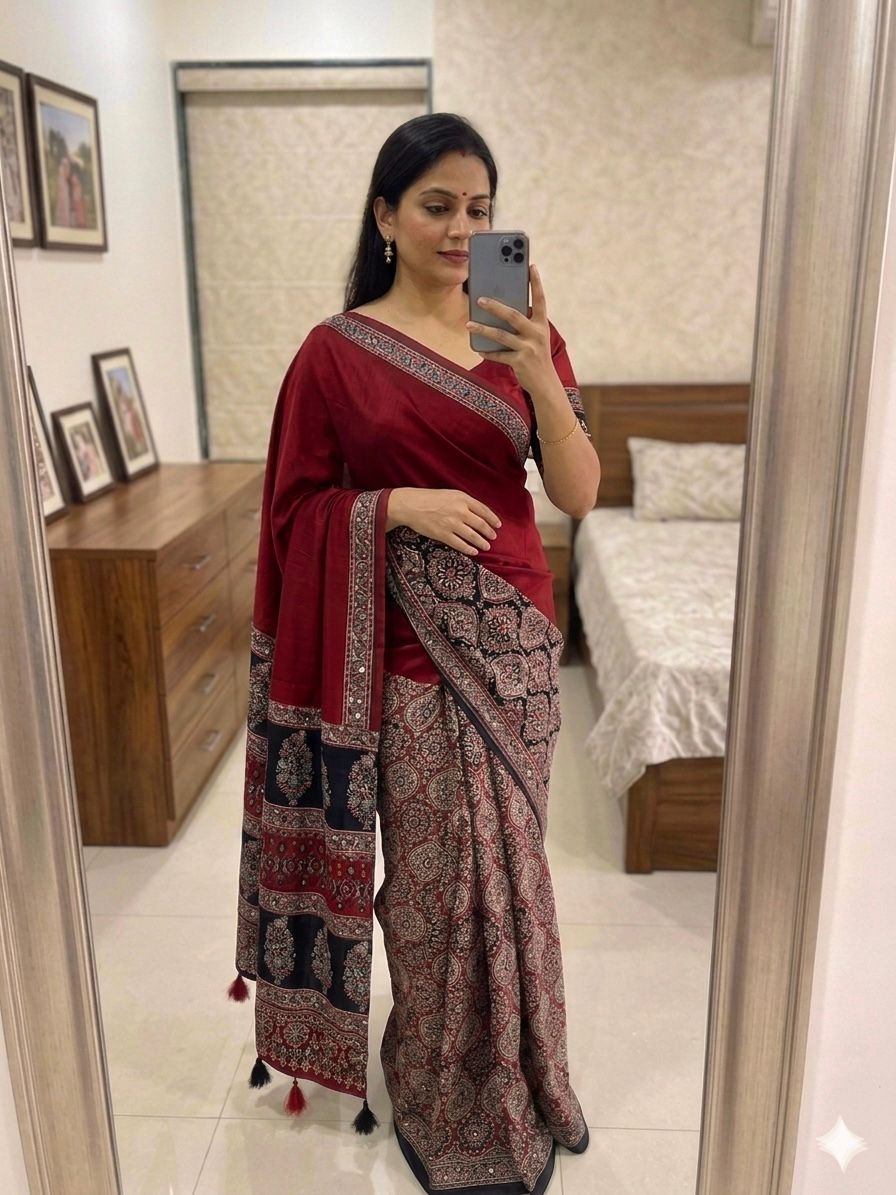 Red Heavy Gajji Moss Satin Saree all over Ajrakh
