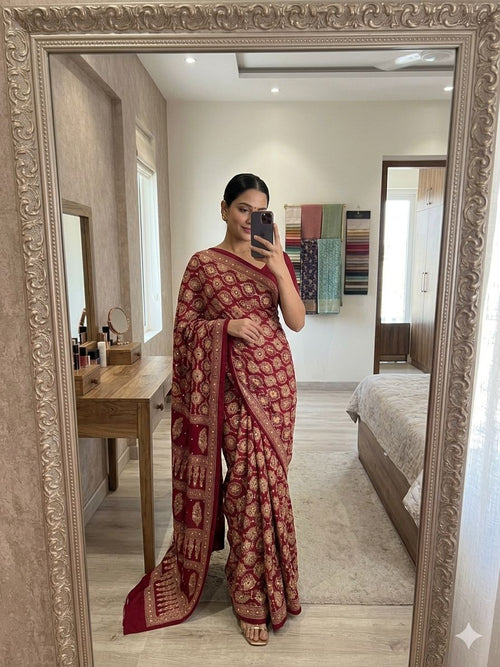 DARK PINK HEAVY GAJJI MOSS SATIN SAREE ALL OVER AJRAKH WITH MIRROR WORK
