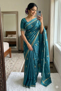 Rama Blue Pure soft Viscose Khadi silk fabric saree