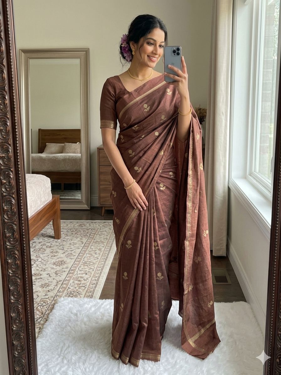Mocha Brown Pure soft Viscose Khadi silk fabric saree