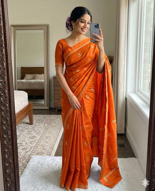 Orange Pure soft Viscose Khadi silk fabric saree