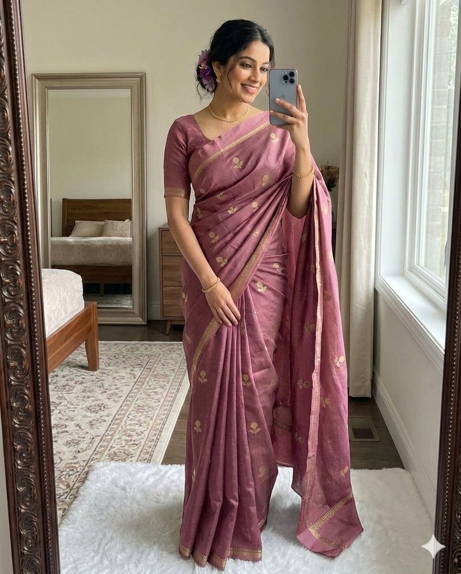 Rose Gold Pure soft Viscose Khadi silk fabric saree
