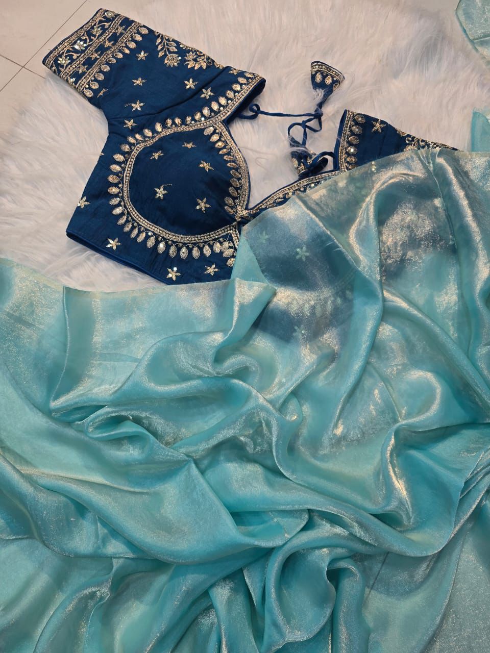 TEAL BLUE SPACE SILK SAREE WITH DESGINER SITCHED BLOUSE
