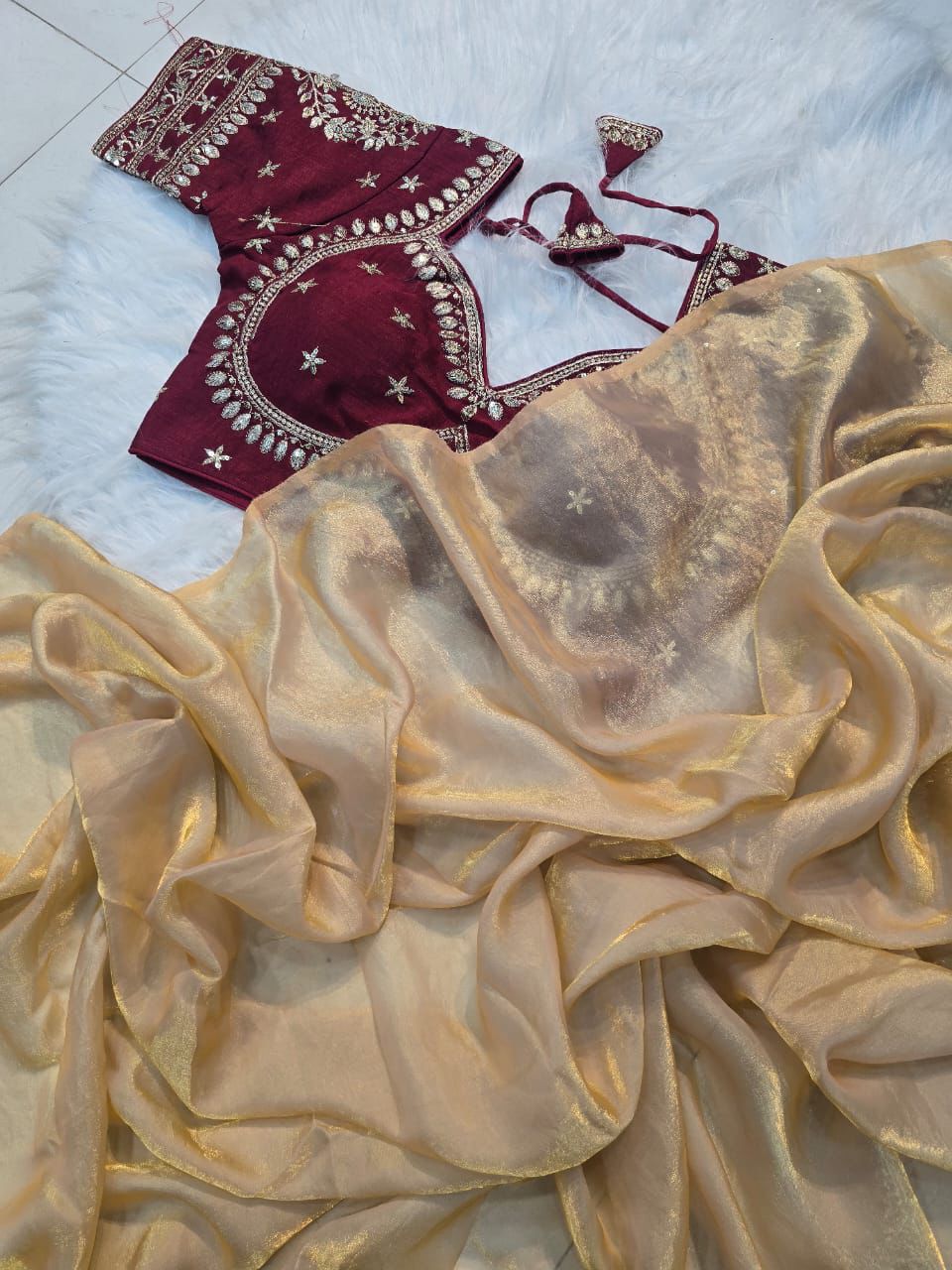 GOLD SPACE SILK SAREE WITH DESGINER SITCHED BLOUSE