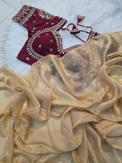 GOLD SPACE SILK SAREE WITH DESGINER SITCHED BLOUSE